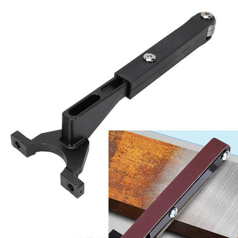 Knockout Belt Sander Attachment For Angle Grinder, Bandfile Conversion Kit with black steel mount for precision sanding.