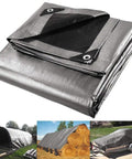 18x24 Foot Heavy Duty Waterproof Tarp Tarpaulin 10 Mil With Eyelets folded with uses for boats, trucks, and hay bales visible below.