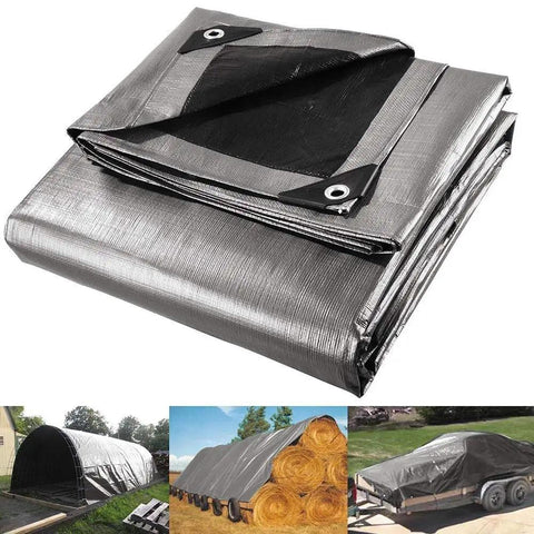 18x24 Foot Heavy Duty Waterproof Tarp Tarpaulin 10 Mil With Eyelets folded with uses for boats, trucks, and hay bales visible below.