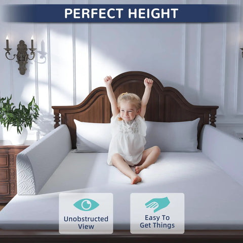 Toddler enjoying sitting on bed with Zero Wiggle Toddler Bed Bumper With Comfy Foam Padding Kid Approved Safety Guard Rail Works Perfect On Twin Full Queen King Beds Grey 59 Inch Frame.