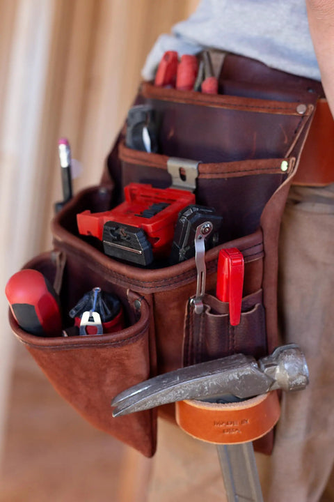 All Leather Heavy Duty Tool Pouch For Pros Reinforced Seams Pro Grade 4 Pocket Framing Pouch With Hammer Loop Handmade In The USA