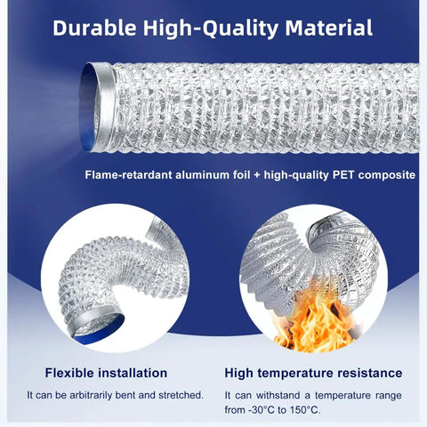 4 Inch Flexible Fire Resistant Aluminum Dryer Vent Hose With Stainless Steel Clamps For Tight Spaces In Dryers Bathrooms Workshops Grill Rooms And Grow Tents No Fuss Installation shown with high temperature resistance.