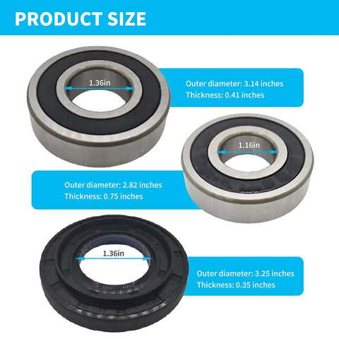 Premium Heavy Duty Rear Drum Bearing And Seal Kit For Lg Kenmore Front Load Washers Replaces 4280 En Models showing sizes and specifications.