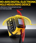 No Sweat 4 In 1 Laser Tape Measure With 328 Ft Rangefinder And Cross Line Beam Plus Auto Lock Folding Ruler And Digital Level showing two-axis measurements with digital display.