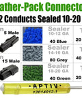 Heavy Duty Weather Pack Connector Kit With Male And Female Quick Disconnect Terminals For 10 To 20 Gauge Wiring And 20 Amp Circuits Including Color Coded Sealer Caps And Durable Housing Towers For Reliable Car Audio Or Engine Wiring Jobs. 360-piece set