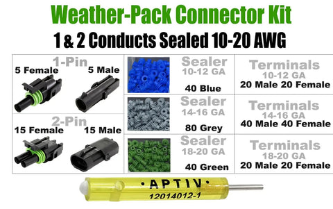 Heavy Duty Weather Pack Connector Kit With Male And Female Quick Disconnect Terminals For 10 To 20 Gauge Wiring And 20 Amp Circuits Including Color Coded Sealer Caps And Durable Housing Towers For Reliable Car Audio Or Engine Wiring Jobs. 360-piece set