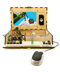 Hands-On Kids Computer Kit For STEAM Learning With Raspberry Pi, Drag-And-Drop Coding, Story Mode, Python Projects, Interactive Games, And Real World Tech Skills open wooden kit with screen, speaker and buttons