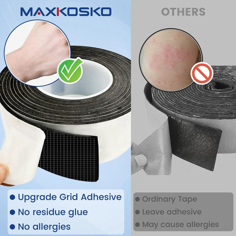 Comparison of No Nonsense Weatherproof Pipe Insulation Tape Roll 13 Ft By 2 In Self Adhesive Foam Wrap and other tape showing grid adhesive.