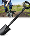 Compact Garden Shovel For Digging And Camping 31 Inch Small Shovel With Ergonomic Curved D Handle in use on soil