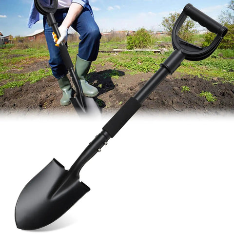 Compact Garden Shovel For Digging And Camping 31 Inch Small Shovel With Ergonomic Curved D Handle in use on soil