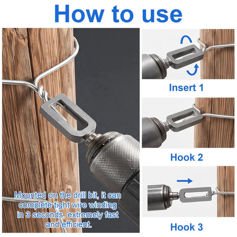 Heavy Duty 2 Piece Wire Twister Tool For Drill Badass Fence Wire Twist Kit showing how to wind wire on a drill with step-by-step instructions.