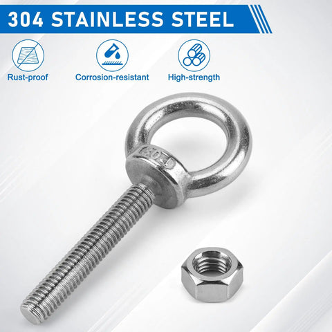 Six Pack M6 Stainless Steel Eye Bolts With Nuts, 2 Inch Thread Length, Heavy Duty Eye Bolts For DIY Projects, Furniture, Swing Sets, And Outdoor Use