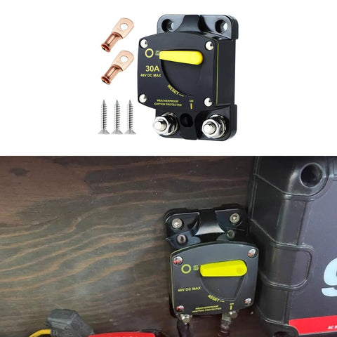 Manual Reset Circuit Breaker 300A High Amperage Switch For Truck Boat Trolling Motor Car Stereo Systems Solar Panels Battery Backup And RV Power Distribution Blocks Rig Ready installed on wooden surface with connectors and screws