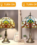 Tiffany Style Yellow Stained Glass Table Lamp With LED Bulbs, Vintage Baroque Desk Lamp, 12x12x19 Inches, On and Off Display