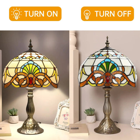 Tiffany Style Yellow Stained Glass Table Lamp With LED Bulbs, Vintage Baroque Desk Lamp, 12x12x19 Inches, On and Off Display