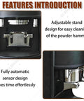 Electric Coffee Tamper 58mm Automatic Espresso Tool With Slick Adjustable Pressure From Five To Thirty Kilos showing adjustable stand and sensor.