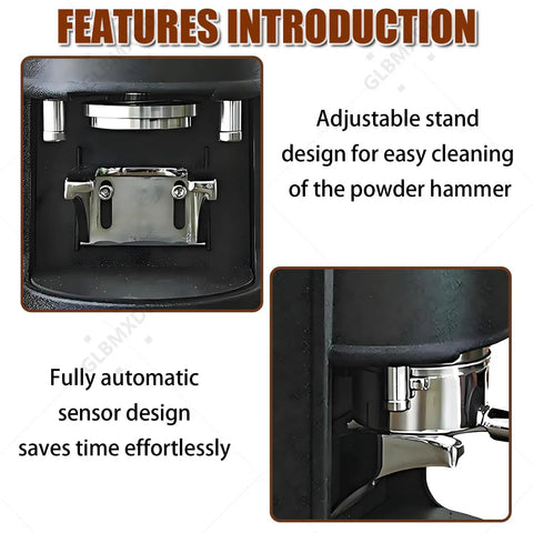 Electric Coffee Tamper 58mm Automatic Espresso Tool With Slick Adjustable Pressure From Five To Thirty Kilos showing adjustable stand and sensor.