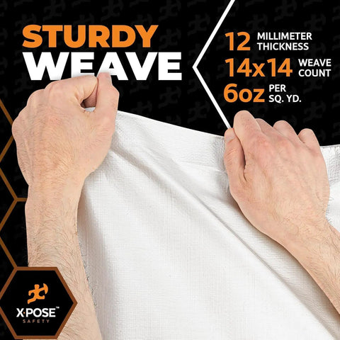 Hands holding Ultra Thick White Poly Tarp 6 Ft By 30 Ft Rugged And Ready Multipurpose Protective Cover showing weave detail