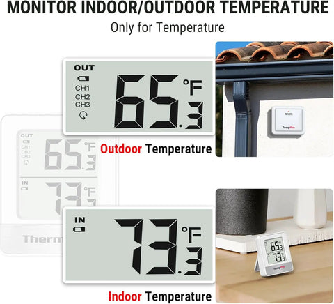 Wireless Indoor Outdoor Thermometer With 500ft Range And Temperature Sensor Real-Time House And Patio Temperature Monitor Easy-Read 2-Inch Display showing indoor and outdoor temperatures.