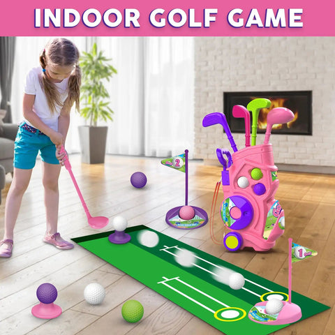 Toddler Golf Set With Putting Mat For Ages 3 To 5 4 Clubs 8 Balls 2 Practice Holes Indoor Outdoor Play Kid Friendly Portable