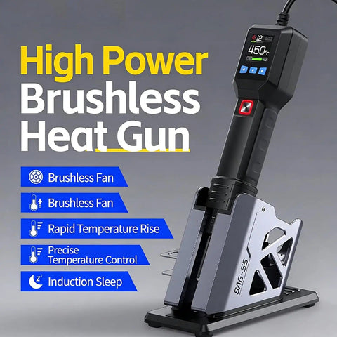 Close-up of 550W 2-In-1 Hot Air Rework Station with LCD Display showing 450°C, highlighting brushless heat gun features.
