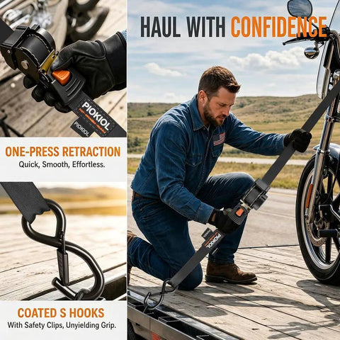 Man using Heavy Duty Self Retracting Tie Down Straps 4 Pack No Drama Auto Retract System With Tangle Free Webbing to secure motorcycle.