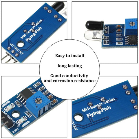 Four views of IR obstacle avoidance sensor module from 20 Piece Dope IR Infrared Obstacle Avoidance Sensor Module Kit for Arduino and robots.