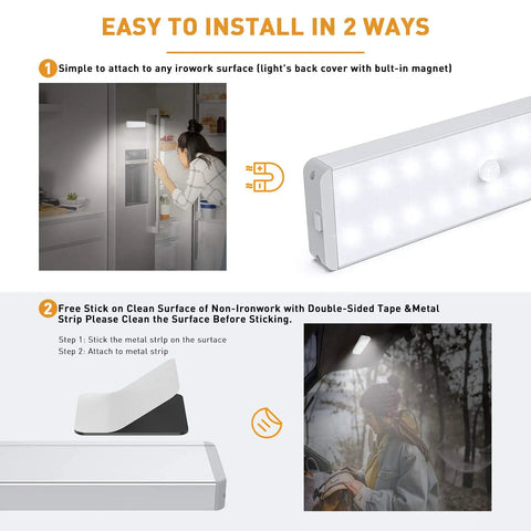 Diagram and examples of installing USB Rechargeable Motion Sensor Closet Light 3 Pack With Remote Dimmable Under Cabinet LED Light