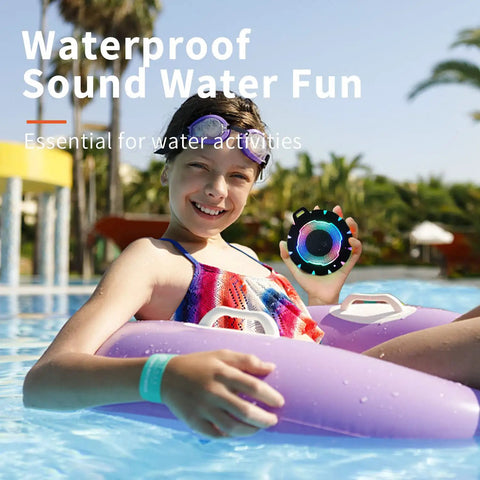 Child holding a Waterproof Shower Bluetooth Speaker With IPX7 Rating in a pool, demonstrating its outdoor use