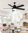 Dope 52 Inch Outdoor Ceiling Fan With Light And Remote Matte Black Finish 5 Reversible Walnut And Black Blades in living room