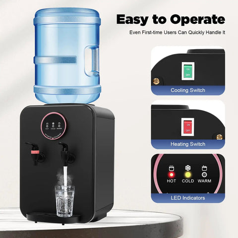 Hot And Cold Water Dispenser For Countertop 1.2 To 5 Gallon Capacity Top Loading Water Cooler For Office Desk Or Nightstand Black Compact Design With Easy Dispense And Space Saving with switches and LED indicators