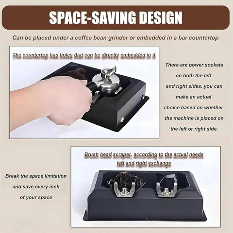 Automatic 58mm Electric Portafilter Cleaner for Home Espresso Machines with space-saving design and integrated scraper and brush.