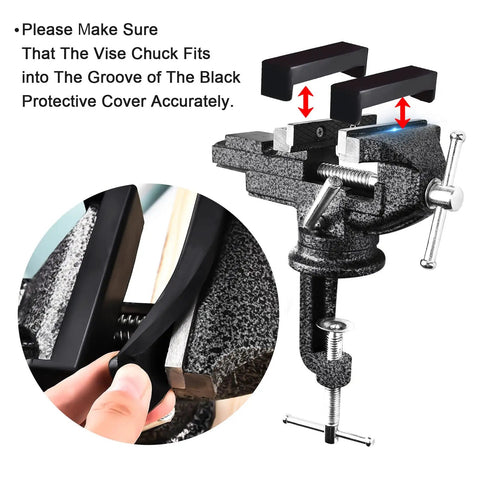 Universal Bench Vise Clamp On Tool With 3.15 Inch Jaw And 360 Degree Swivel Base, showing precision fit in protective cover