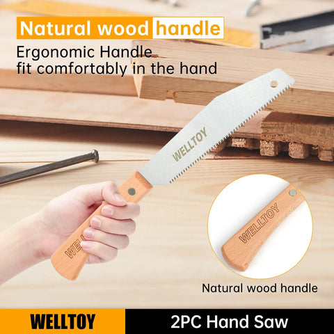 Two Piece Japanese Hand Saw Set With 6 Inch Flush Cut Saw And 4 Inch Drywall Saw, Anti Slip Handle, shown with natural wood handle