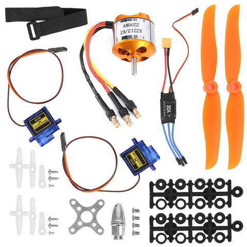 Top Notch Rc Airplane Gear Featuring 2212 Kv2200 Brushless Motor And 6035 Propeller Paired With Sg90 9G Micro Servo Plus 30A Esc LiPo components layout.