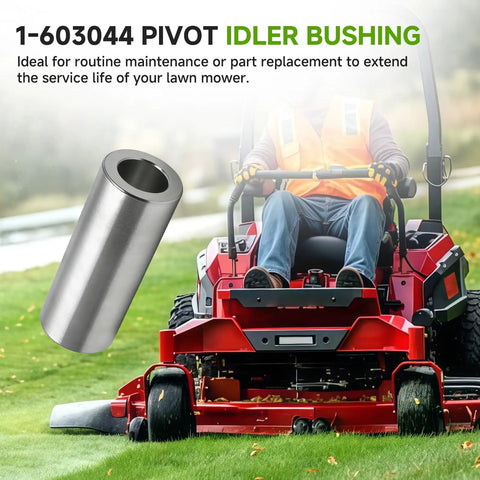 Pivot Idler Bushing 1-603044 for Exmark Lazer Z mower deck, silver metal replacement part shown with rider