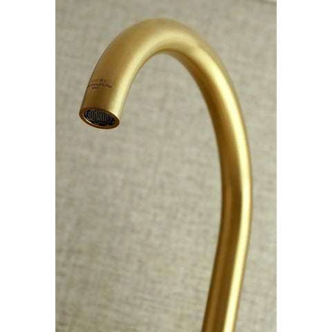 8 Inch Adjustable Center Wall Mount Kitchen Faucet With Solid Brass Construction Drip Free Ceramic Disc Cartridge Brushed Nickel Finish For A Boss Look Easy Install Smooth Flow At 60 Psi displaying gold curved spout