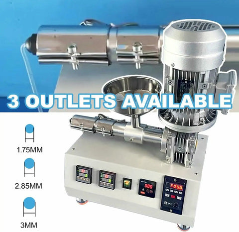 Hella Reliable Single Screw Plastic Pellet Extruder And Fast Filament Maker With 1000W Motor showing 3 outlet options for filament sizes.