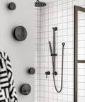 Shower with Extended 18-Inch Straight Overhead Shower Arm In Matte Black Finish With 1/2 Inch IPS Connections and modern fixtures.
