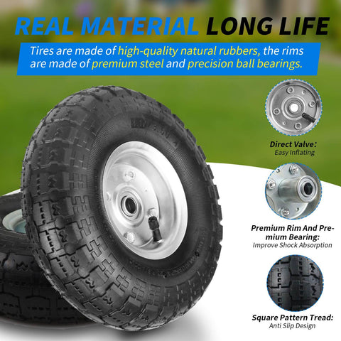 Two Pack 10 Inch Pneumatic Wheel Set With 4.10/3.50-4 Tire And 5/8 Inch Bearings, 2.2 Inch Offset Hub shown with features