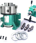 Straight Up Heavy Duty Six Inch Cnc Rotary Indexing Table With Universal Dividing Head For Horizontal And Vertical Milling Machines Featuring Slick Cast Iron Build And 3 Jaw Lathe Chuck Compatibility, showing base and accessories.