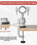 Beast Mode Aluminum Bench Vise For Electric Drill 44mm To 58mm Jaw opens 360 degrees, fixed on table edge for stability.