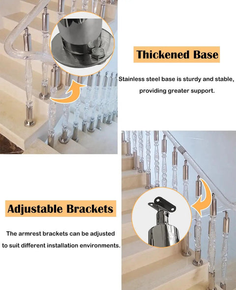 Top Shelf Round Acrylic Staircase Balusters With Rustproof Stainless Steel Brackets, Knockout Clarity Stair Spindles For Porches And Decks, No Sweat Installation 20 Pack 45 Inches showing thickened stainless steel base and adjustable brackets.