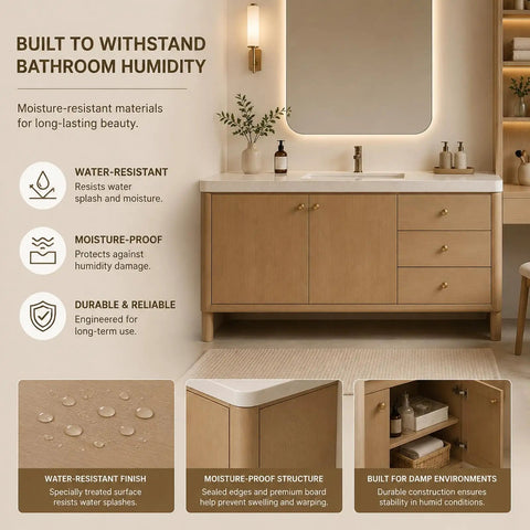 Modern 66 Inch Freestanding Bathroom Vanity Single Sink With Dedicated Makeup Station Heavy Duty Solid Wood Construction showing water-resistant features.