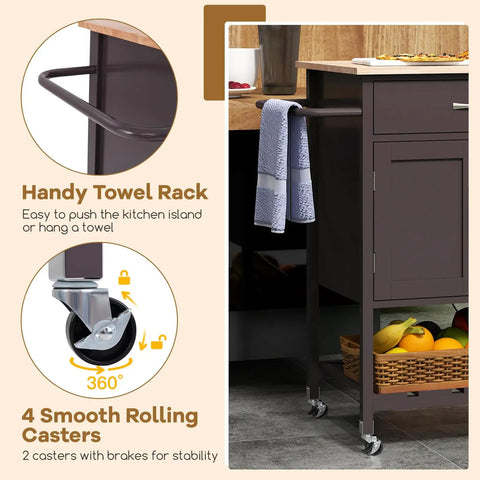 Slick Rolling Kitchen Island Cart With Dope Rubberwood Top And Quick Release Drawer Perfect Go To Coffee Bar Station With Deep Open Shelf And Convenient Towel Rack In Warm Honey Brown