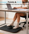 Balance Board For Standing Desk, 2-In-1 Dual-Sided Stability Trainer And Anti-Fatigue Mat under a desk, woman using calf stretcher.