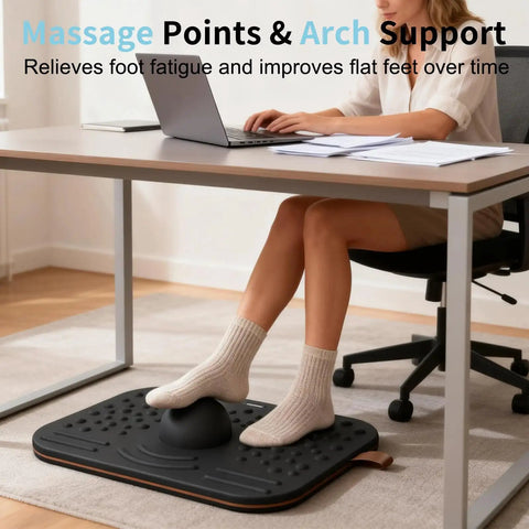 Balance Board For Standing Desk, 2-In-1 Dual-Sided Stability Trainer And Anti-Fatigue Mat under a desk, woman using calf stretcher.