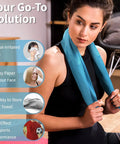 Woman using 4 Pack Cooling Towels For Gym And Outdoors 40x12 Inches Soft Breathable Microfiber Instant Chill Reusable Sweat Towels