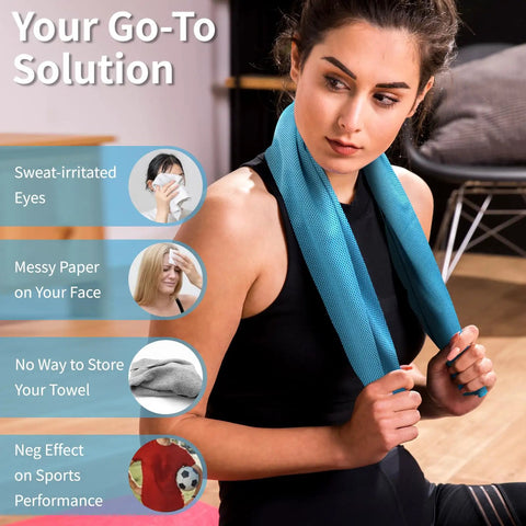 Woman using 4 Pack Cooling Towels For Gym And Outdoors 40x12 Inches Soft Breathable Microfiber Instant Chill Reusable Sweat Towels