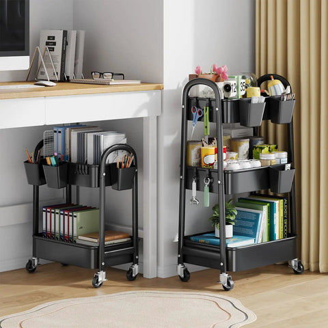 Two Tier Rolling Cart With Wheels Heavy Duty Metal Storage Organizer On Casters For Office Kitchen Craft Room Or Under Desk Trolley Small Utility Carts For Tools And Supplies Black set in an office space with books and stationery.